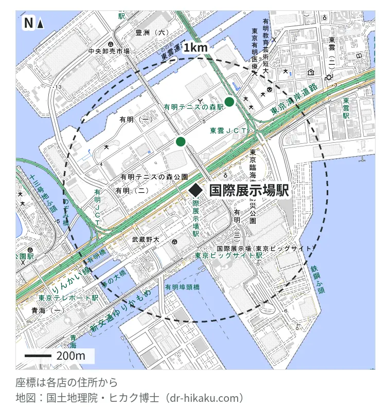 国際展示場駅周辺(1km以内)のiPhone修理店 2店の位置図:スマプラ 有明ガーデン店 383m、iPhone修理アイサポ 有明店 713m