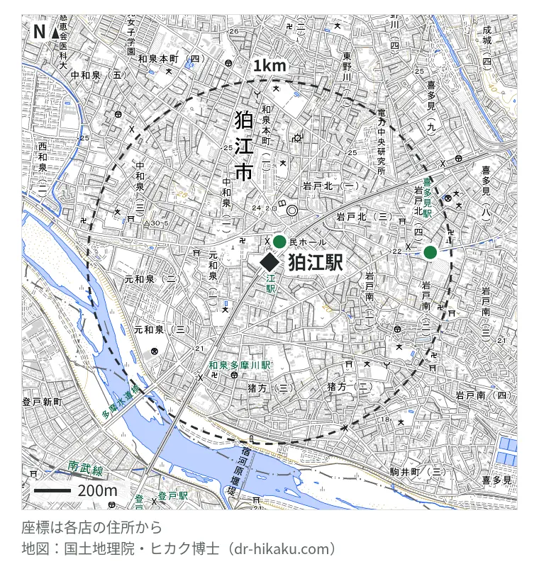 狛江駅周辺(1km以内)のiPhone修理店 2店の位置図:ノジマ 小田急OX狛江店 124m、iPhone修理アイサポ 狛江店 882m