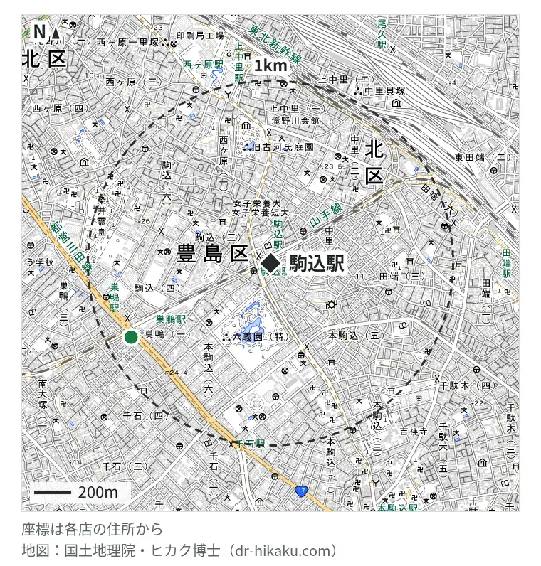 駒込駅周辺(1km以内)のiPhone修理店 1店の位置図:iPhone修理アイサポ 巣鴨店 790m