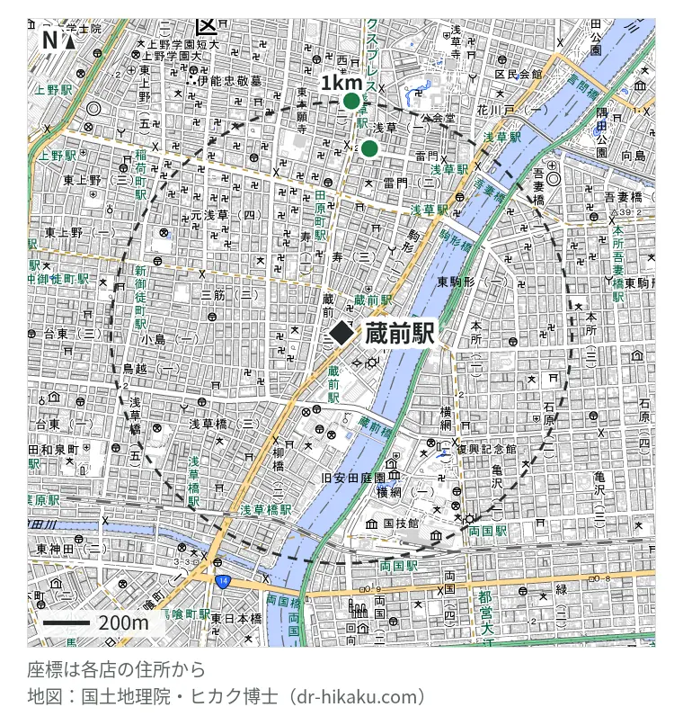 蔵前駅周辺(1km以内)のiPhone修理店 2店の位置図:iPhone修理アイサポ 浅草店 665m、スマレストア 浅草店 868m