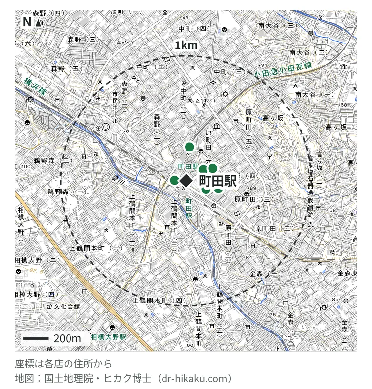町田駅周辺(1km以内)のiPhone修理店 6店の位置図:iCrackedStore 町田 112m、カメラのキタムラ Apple製品修理サービス町田・町田マルイ店 131m、スマホソニック 町田店 168m、リペアフォース 町田店 202m、モバイル修理救急便 町田店 210m、スマホスピタル 町田店 273m