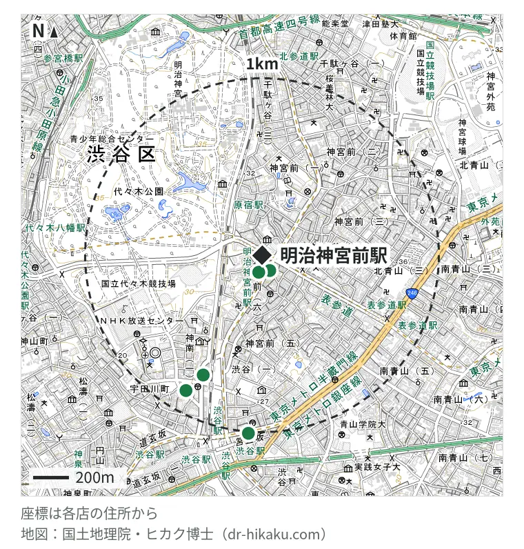 明治神宮前駅周辺(1km以内)のiPhone修理店 5店の位置図:スマホ修理プロ 原宿・表参道店 38m、スマホ修理のクイック 原宿・表参道店 88m、Smar.T 渋谷店 733m、スマホ修理王 渋谷店 860m、iPhone修理アイサポ 渋谷宮益坂店 959m