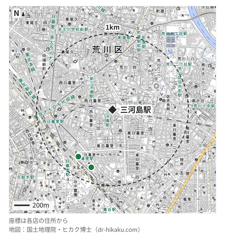 三河島駅周辺(1km以内)のiPhone修理店 2店の位置図:モバイル修理救急便 日暮里駅前店 759m、ベシター 日暮里店 803m