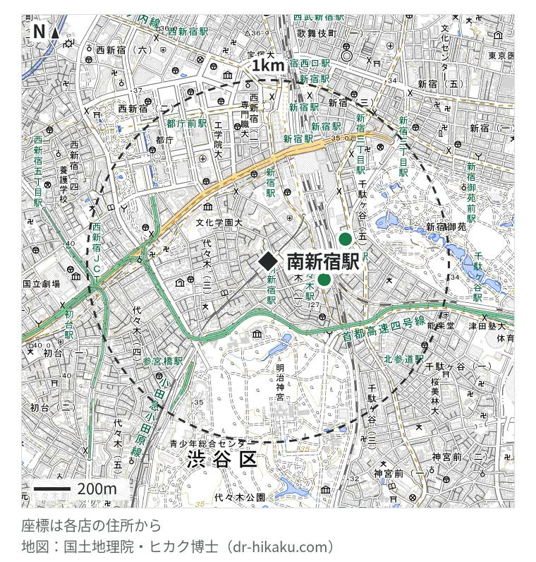 南新宿駅周辺(1km以内)のiPhone修理店 3店の位置図:スマートまっくす 代々木駅前店 325m、iCrackedStore 新宿 442m、ノジマ 新宿タカシマヤタイムズスクエア店 442m