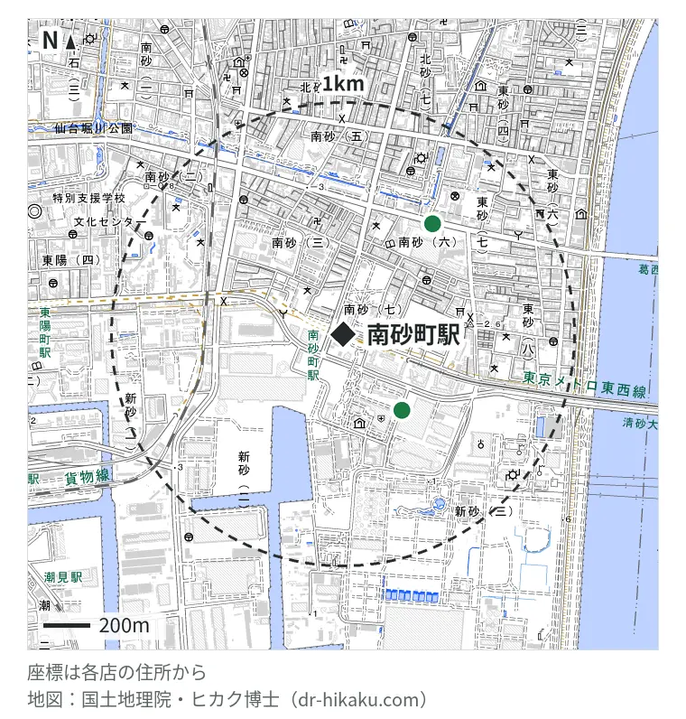 南砂町駅周辺(1km以内)のiPhone修理店 2店の位置図:スマプラ 南砂町スナモ店 412m、EyeSmart イオンスタイル南砂店 610m