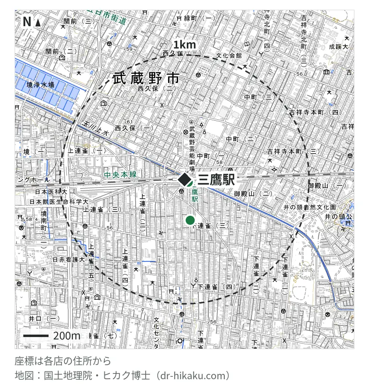 三鷹駅周辺(1km以内)のiPhone修理店 2店の位置図:iPhone修理屋 三鷹店 36m、スマホ修理工房 三鷹店 330m