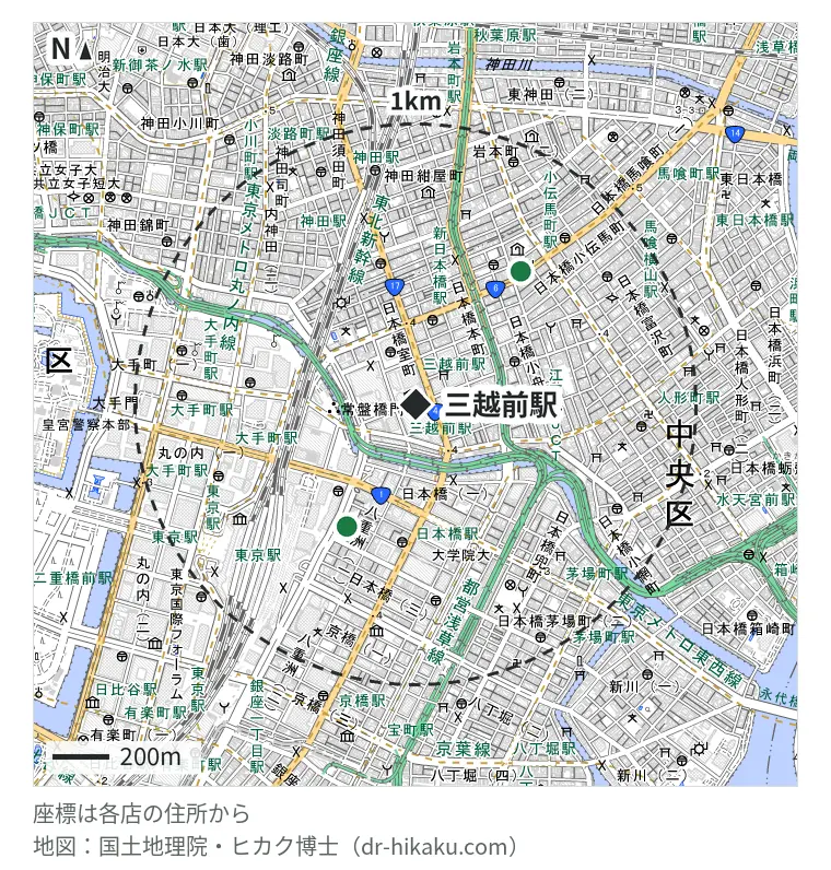 三越前駅周辺(1km以内)のiPhone修理店 2店の位置図:クイックガレージ 東京駅前 379m、iPhone修理アイサポ 日本橋店 494m