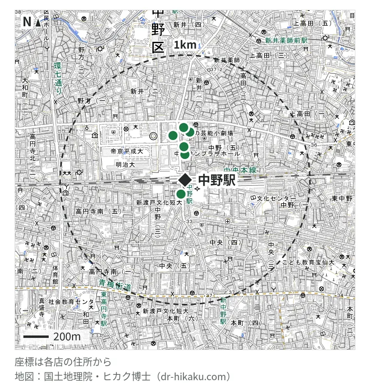 中野駅周辺(1km以内)のiPhone修理店 6店の位置図:モバイル修理救急便 中野マルイ店 116m、スマホ修理王 中野サンモール店 202m、ダイワンテレコム 中野店 265m、iPhone修理アイサポ ブックファースト中野店 365m、スマホ修理工房 中野ブロードウェイ店 382m、じゃんぱら 中野ブロードウェイ店 418m