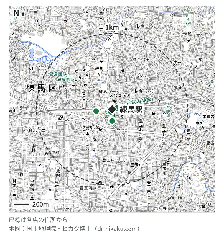 練馬駅周辺(1km以内)のiPhone修理店 4店の位置図:スマホ修理のクイック 練馬店 29m、iPhone修理アイサポ 西友練馬店 67m、iPhoneお直し本舗 練馬店 103m、スマホスピタル 練馬 209m