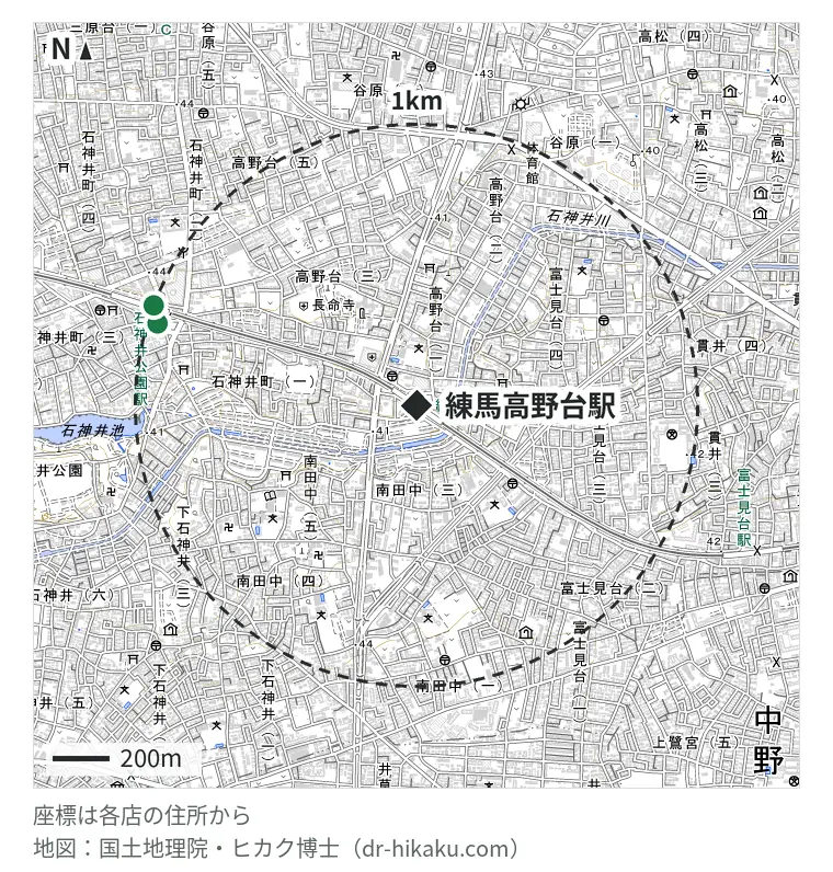 練馬高野台駅周辺(1km以内)のiPhone修理店 2店の位置図:RepairWorld 石神井公園店 960m、iPhone修理アイサポ 石神井公園ピアレス店 994m