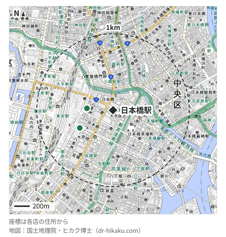 日本橋駅周辺(1km以内)のiPhone修理店 2店の位置図:クイックガレージ 東京駅前 246m、モバイル修理救急便 東京駅ヤエチカ店 405m