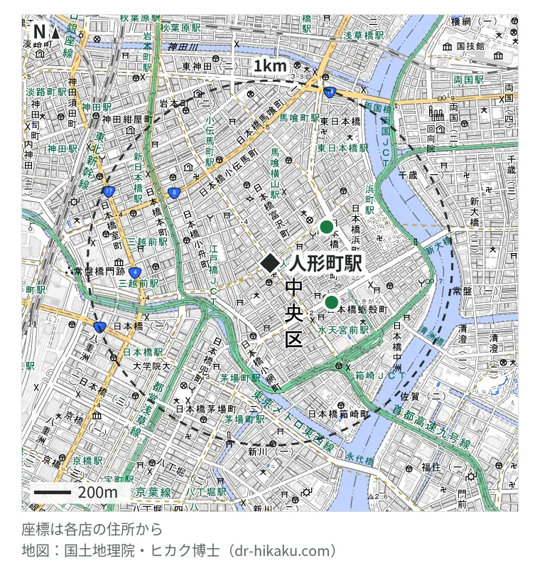 人形町駅周辺(1km以内)のiPhone修理店 2店の位置図:スマホなおし太郎 日本橋浜町店 362m、iPhone修理アイサポ 水天宮前店 390m