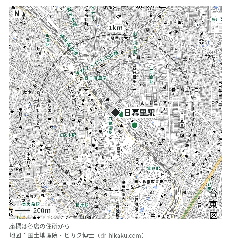 日暮里駅周辺(1km以内)のiPhone修理店 2店の位置図:モバイル修理救急便 日暮里駅前店 58m、ベシター 日暮里店 273m