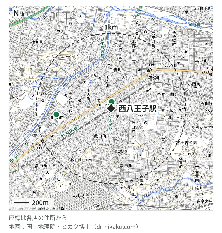 西八王子駅周辺(1km以内)のiPhone修理店 3店の位置図:リペア本舗 西八王子店 63m、スマホ修理工房 西八王子店 86m、ノジマ 西八王子店 731m