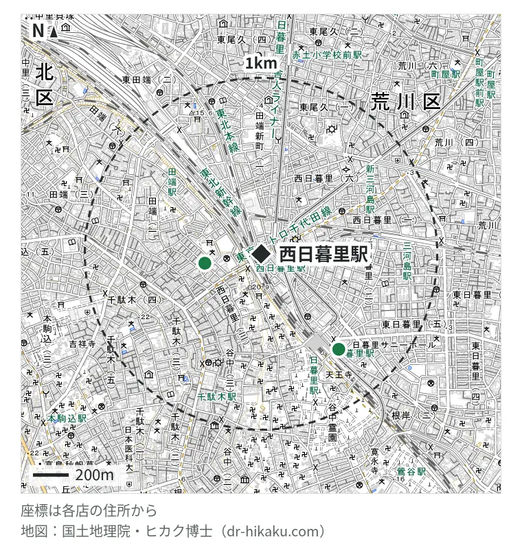 西日暮里駅周辺（1km以内）のiPhone修理店 2店の位置図：スマレストア 西日暮里店 273m、モバイル修理救急便 日暮里駅前店 673m