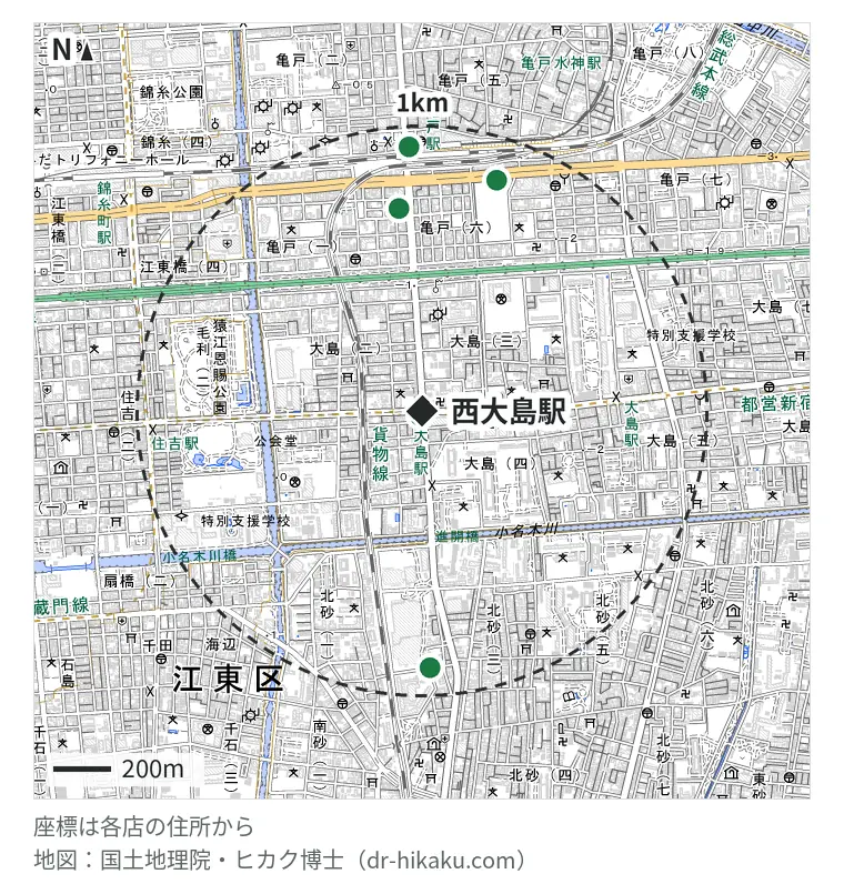 西大島駅周辺(1km以内)のiPhone修理店 5店の位置図:スマホ修理工房 西大島店 17m、スマートクール サテライト亀戸店 710m、スマプラ カメイドクロック店 847m、スマプラ アリオ北砂店 896m、モバイル修理救急便 アトレ亀戸店 922m