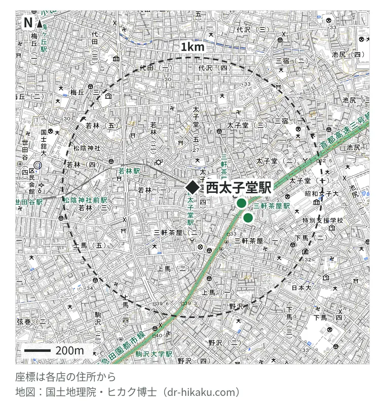西太子堂駅周辺（1km以内）のiPhone修理店 2店の位置図：スマホスピタル 三軒茶屋店 394m、iPhone修理アイサポ 三軒茶屋店 485m