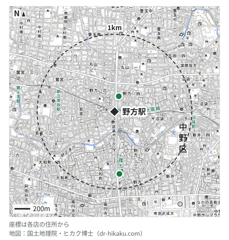 野方駅周辺(1km以内)のiPhone修理店 2店の位置図:デジタル救命 203m、スマホステーション 高円寺店 804m