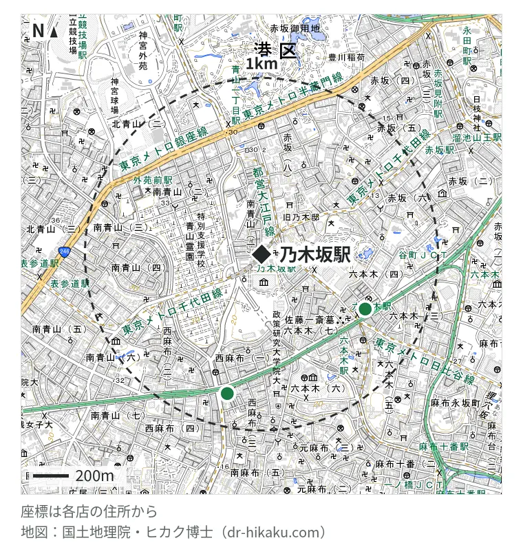 乃木坂駅周辺（1km以内）のiPhone修理店 2店の位置図：iPhone修理屋 六本木店 661m、iPhone修理屋 西麻布本店 810m