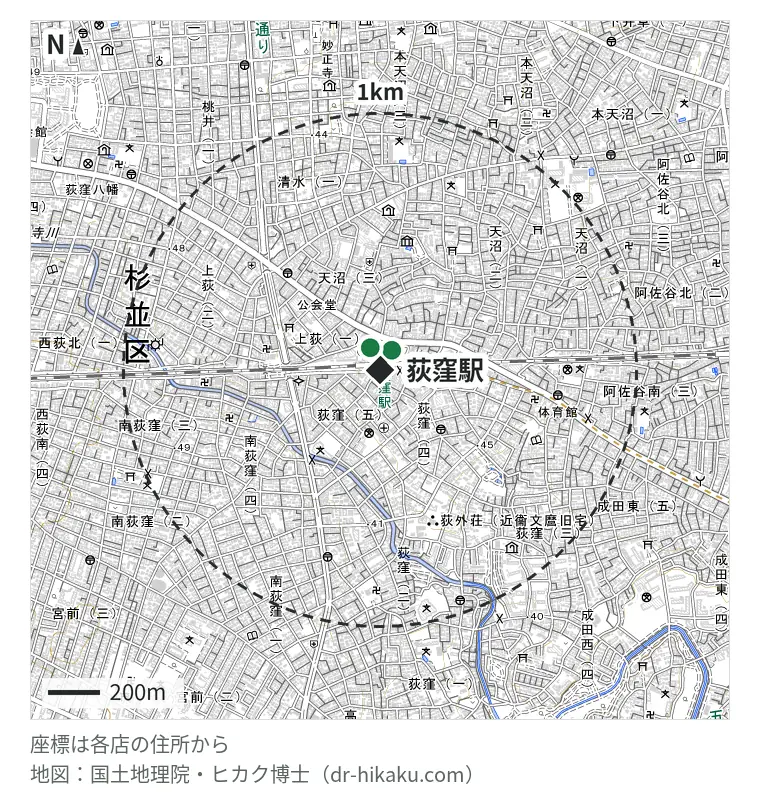 荻窪駅周辺（1km以内）のiPhone修理店 2店の位置図：モバイル修理救急便 荻窪駅前店 67m、スマホ修理工房 荻窪タウンセブン店 94m