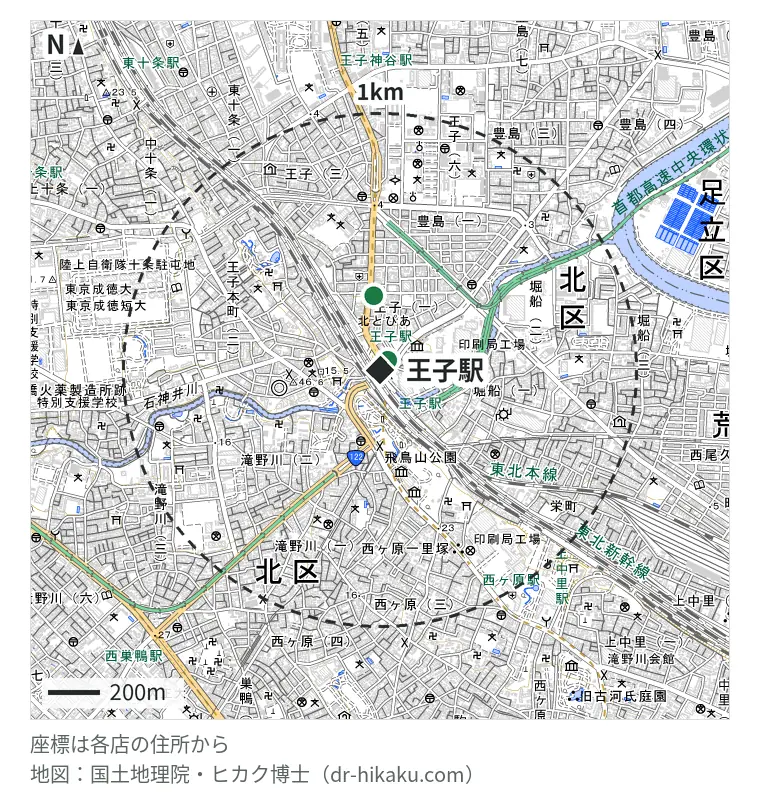 王子駅周辺(1km以内)のiPhone修理店 2店の位置図:スマホ修理工房 王子店 109m、iPhone修理アイサポ 王子店 170m