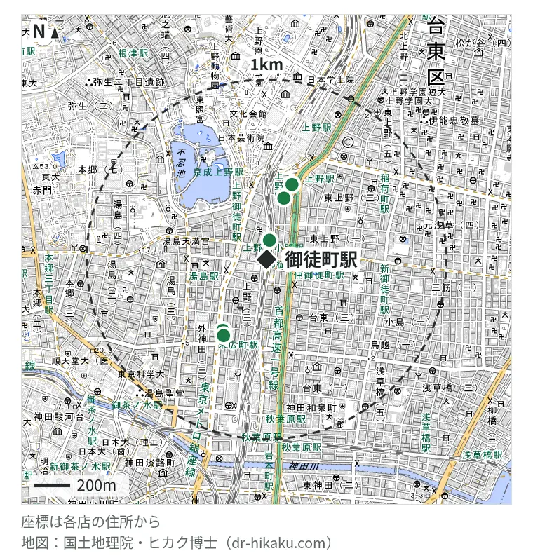 御徒町駅周辺(1km以内)のiPhone修理店 5店の位置図:スマホ修理王 上野御徒町店 106m、iCrackedStore 上野マルイ 351m、スマホ修理工房 上野店 437m、スマホ修理工房 秋葉原店 461m、アイラブフォン 秋葉原店 483m