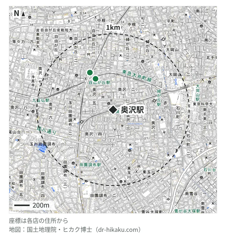 奥沢駅周辺(1km以内)のiPhone修理店 2店の位置図:ノジマ フレル・ウィズ自由が丘店 465m、スマホ修理のクイック 自由が丘店 571m