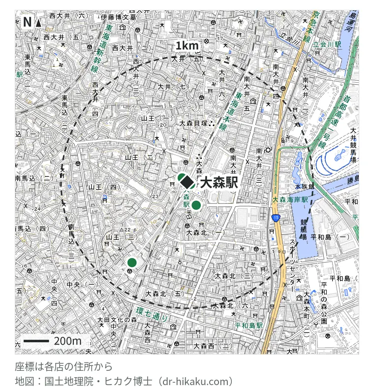 大森駅周辺(1km以内)のiPhone修理店 4店の位置図:iPhone修理アイサポ THE CLOCK HOUSE around アトレ大森店 32m、ダイワンテレコム 大森駅前店 50m、スマホ修理センター 大森店 195m、スマホスピタル 大森 768m