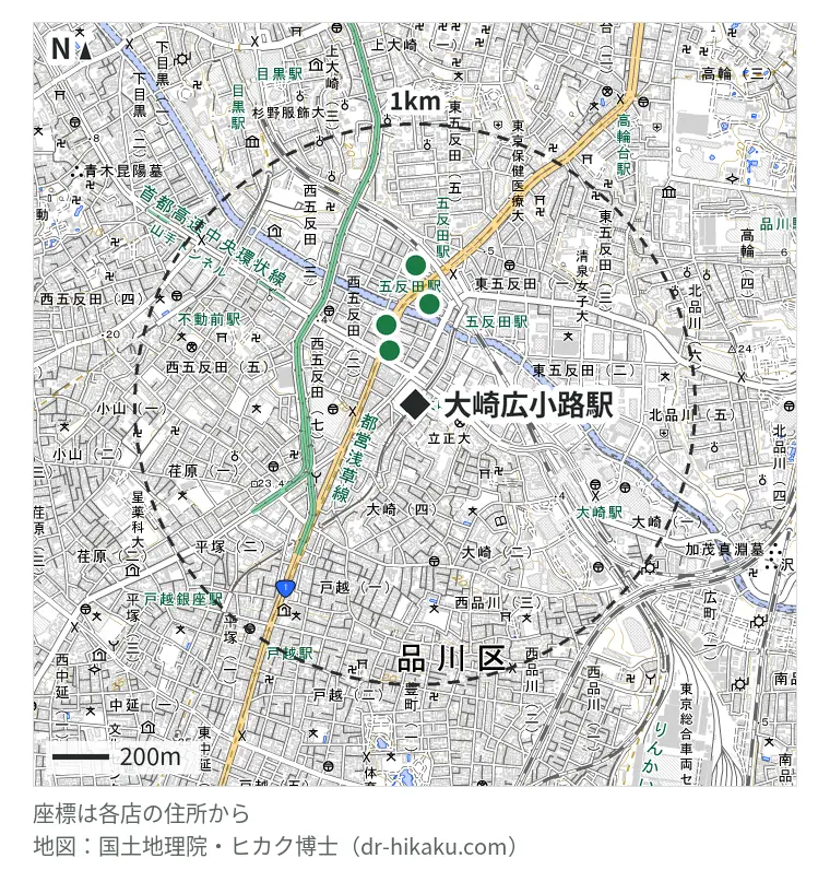 大崎広小路駅周辺(1km以内)のiPhone修理店 4店の位置図:ダイワンテレコム 五反田店 211m、iPhone修理アイサポ 西五反田店 300m、スマホ修理王 五反田店 359m、モバイル修理救急便 五反田駅前店 493m