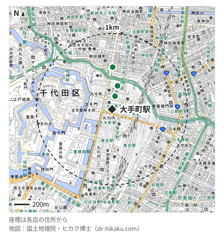 大手町駅周辺(1km以内)のiPhone修理店 3店の位置図:iCrackedStore 大手町 38m、iPhone修理アイサポ 大手町フィナンシャルシティ店 172m、ダイワンテレコム 神田店 418m