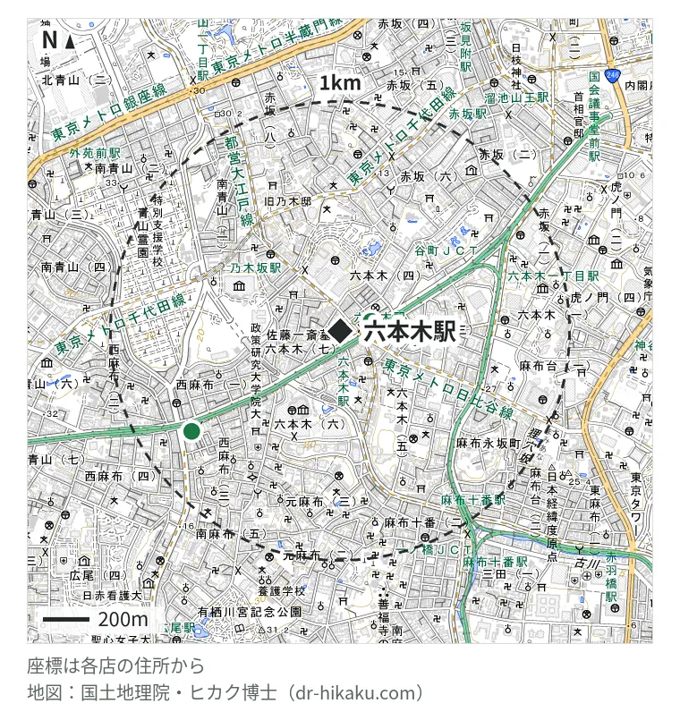 六本木駅周辺(1km以内)のiPhone修理店 2店の位置図:iPhone修理屋 六本木店 133m、iPhone修理屋 西麻布本店 734m