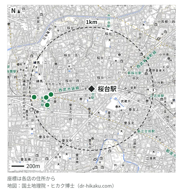 桜台駅周辺(1km以内)のiPhone修理店 4店の位置図:iPhone修理アイサポ 西友練馬店 658m、スマホ修理のクイック 練馬店 743m、iPhoneお直し本舗 練馬店 759m、スマホスピタル 練馬 932m