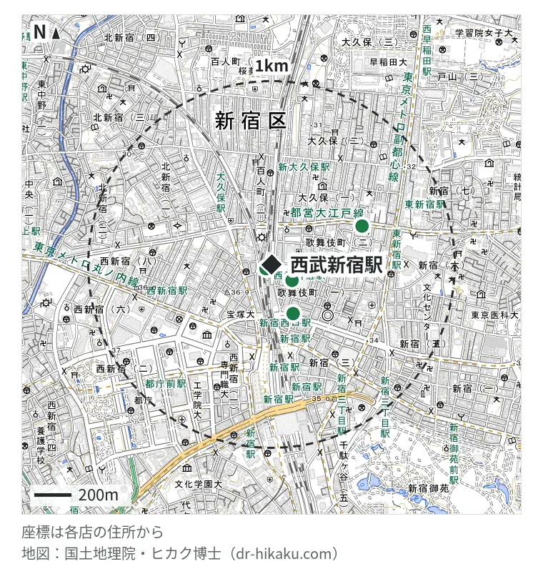 西武新宿駅周辺(1km以内)のiPhone修理店 5店の位置図:スマホ修理工房 新宿PePe店 37m、スマホスピタル 新宿店 142m、スマホスピタル新宿店 142m、じゃんぱら 新宿東口店 290m、iPhone修理Worker 新宿本店 534m