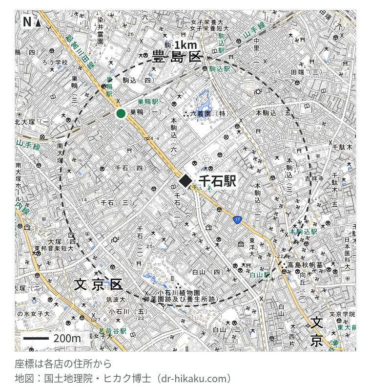 千石駅周辺(1km以内)のiPhone修理店 1店の位置図:iPhone修理アイサポ 巣鴨店 739m