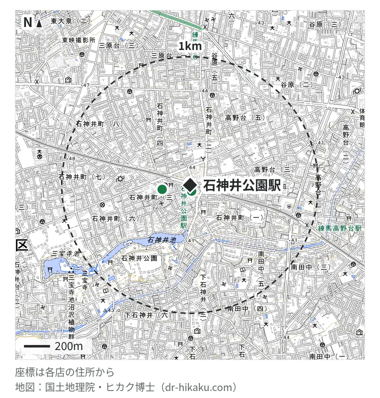 石神井公園駅周辺(1km以内)のiPhone修理店 3店の位置図:iPhone修理アイサポ 石神井公園ピアレス店 16m、RepairWorld 石神井公園店 49m、スマホステーション 練馬石神井公園店 219m