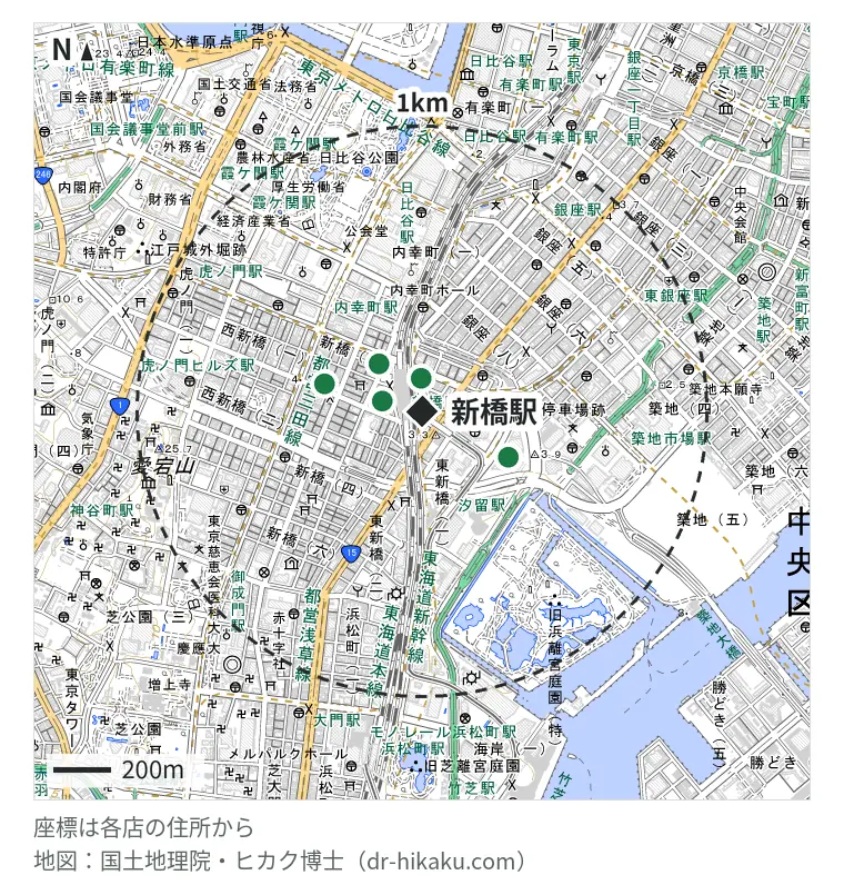 新橋駅周辺（1km以内）のiPhone修理店 6店の位置図：モバイル修理救急便 新橋駅前店 53m、アップルエイド 新橋店 96m、スマホ修理王 新橋店 96m、じゃんぱら 新橋店 113m、モバイル修理.jp カレッタ汐留店 246m、じゃんぱら 新橋烏森通り店 304m