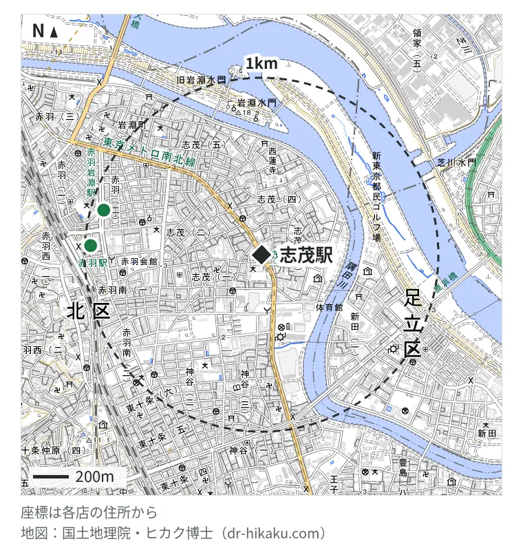 志茂駅周辺(1km以内)のiPhone修理店 2店の位置図:iPhone修理アイサポ 赤羽店 922m、スマホ修理王 赤羽店 962m