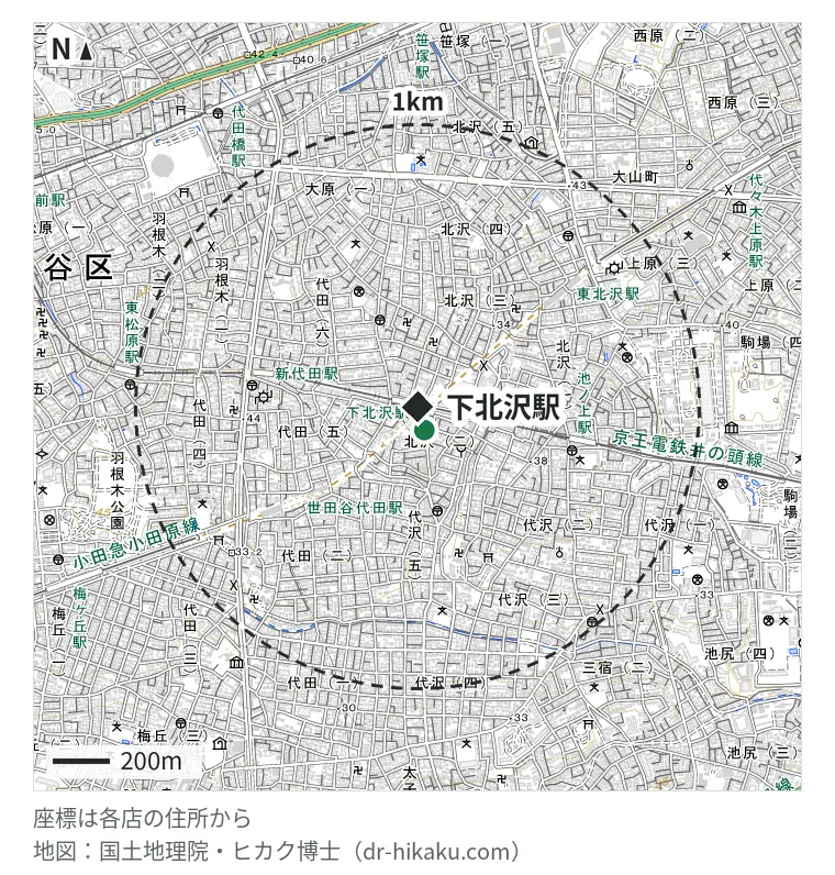 下北沢駅周辺（1km以内）のiPhone修理店 3店の位置図：ノジマ レシピ下北沢店 75m、モバイル修理救急便 下北沢店 120m、ダイワンテレコム 下北沢店 148m