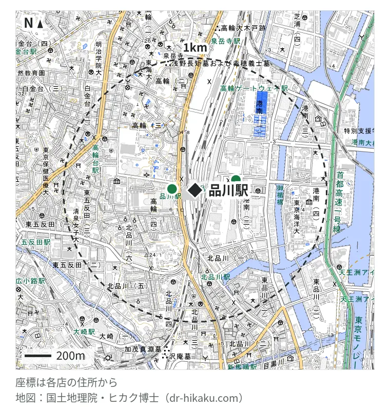 品川駅周辺(1km以内)のiPhone修理店 2店の位置図:スマホ修理工房 品川ウィング高輪店 135m、モバイル修理救急便 品川駅港南口店 210m