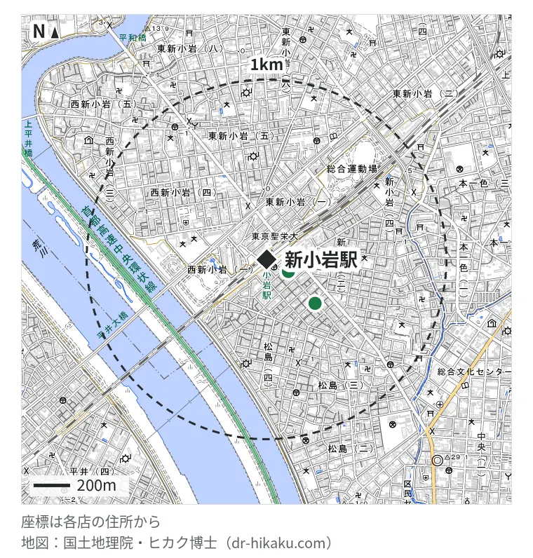 新小岩駅周辺(1km以内)のiPhone修理店 3店の位置図:モバイル修理救急便 新小岩駅前店 139m、iPhoneステーション 新小岩店 224m、iPhone修理アイサポ 新小岩ルミエール商店街店 361m
