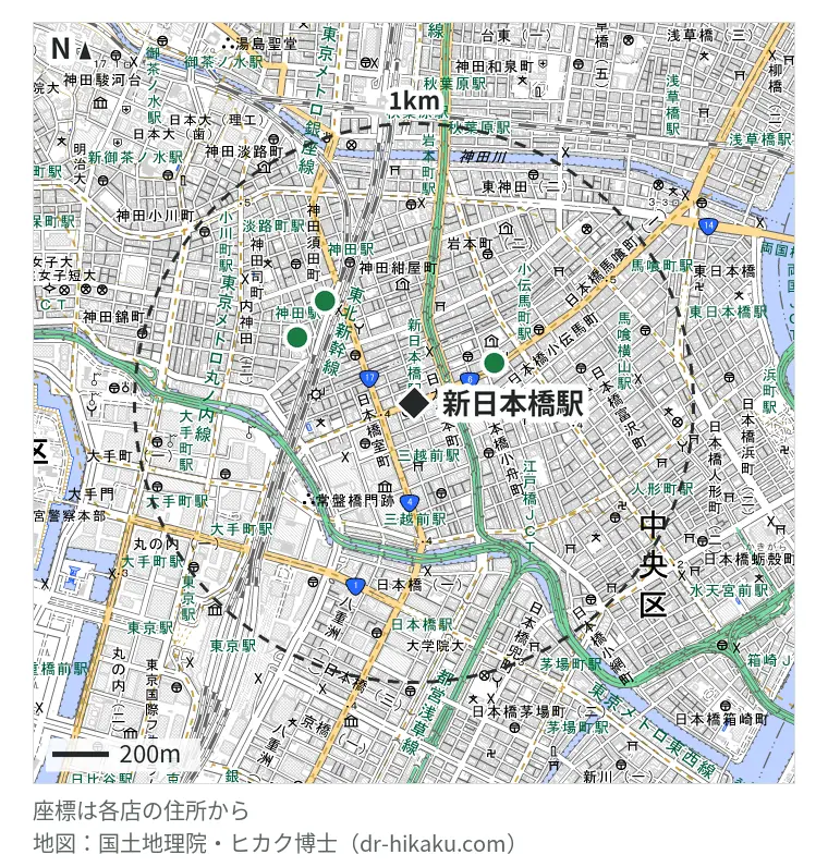 新日本橋駅周辺(1km以内)のiPhone修理店 3店の位置図:iPhone修理アイサポ 日本橋店 319m、iPhoneリペアセンター 神田店 477m、スマホスピタル 神田 481m