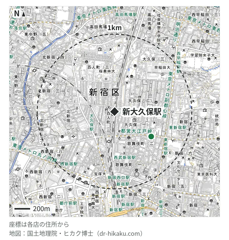 新大久保駅周辺(1km以内)のiPhone修理店 1店の位置図:iPhone修理Worker 新宿本店 571m