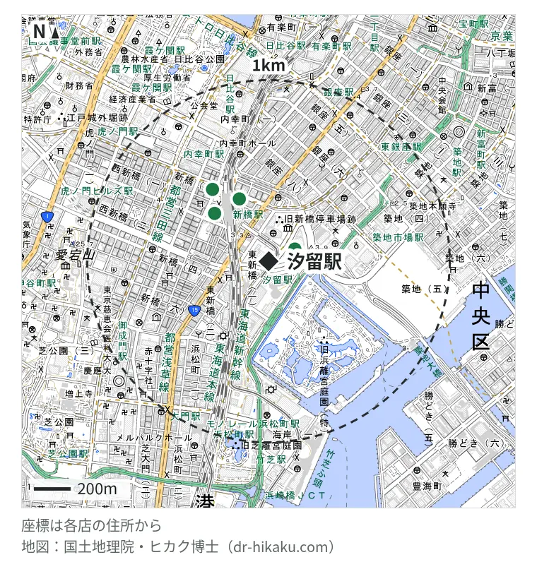 汐留駅周辺(1km以内)のiPhone修理店 5店の位置図:モバイル修理.jp カレッタ汐留店 98m、モバイル修理救急便 新橋駅前店 318m、アップルエイド 新橋店 383m、スマホ修理王 新橋店 383m、じゃんぱら 新橋店 462m