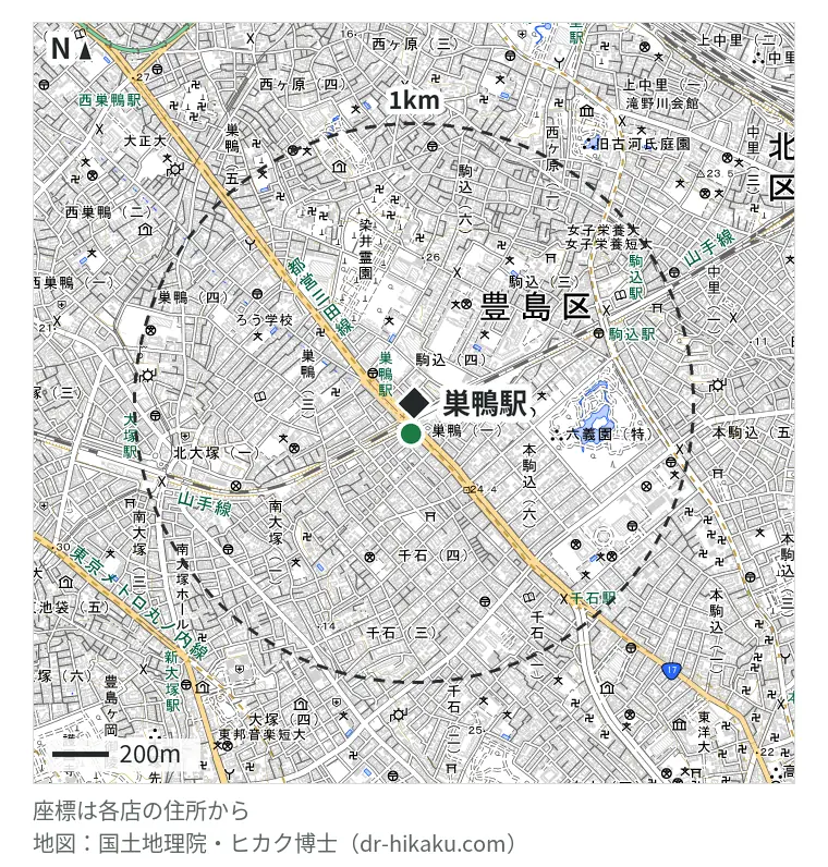 巣鴨駅周辺(1km以内)のiPhone修理店 1店の位置図:iPhone修理アイサポ 巣鴨店 147m