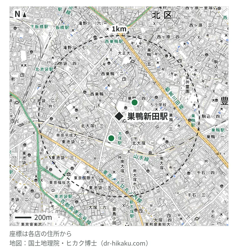 巣鴨新田駅周辺（1km以内）のiPhone修理店 2店の位置図：スマホICU 257m、モバケア 大塚店 288m