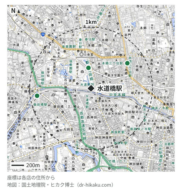 水道橋駅周辺(1km以内)のiPhone修理店 3店の位置図:スマホ修理工房 東京ドームラクーア店 263m、iPhone修理Worker 本郷店 613m、モバイル修理救急便 東京メトロ飯田橋店 811m