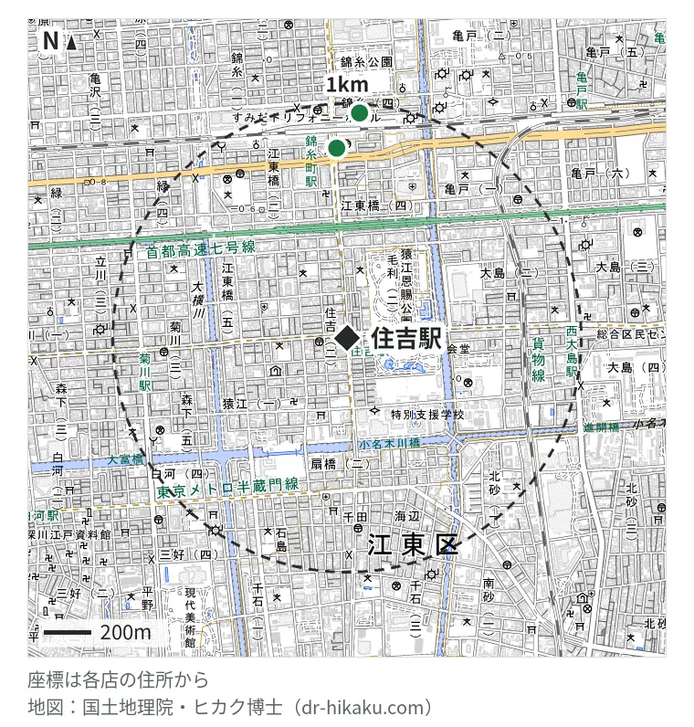 住吉駅周辺(1km以内)のiPhone修理店 2店の位置図:スマホソニック 錦糸町店 792m、アイラブフォン 錦糸町店 941m