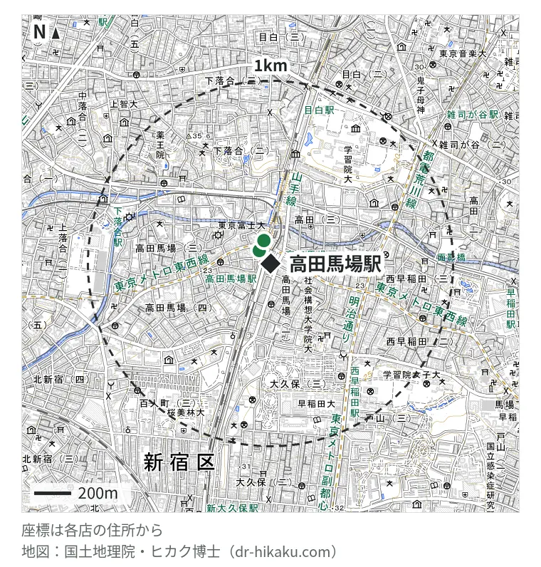 高田馬場駅周辺(1km以内)のiPhone修理店 2店の位置図:モバイル修理ファンタジー 高田馬場店 70m、ダイワンテレコム 高田馬場店 123m
