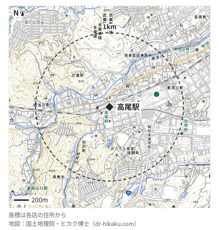 高尾駅周辺(1km以内)のiPhone修理店 2店の位置図:スマホ修理工房 イーアス高尾店 606m、ノジマ イーアス高尾店 606m