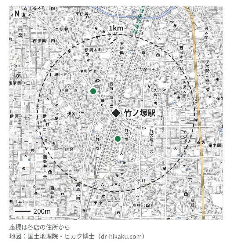 竹ノ塚駅周辺(1km以内)のiPhone修理店 3店の位置図:NEXT NINE 329m、iPhone修理アイサポ 竹ノ塚店 356m、iPhone即日修理屋さん 竹ノ塚店 400m